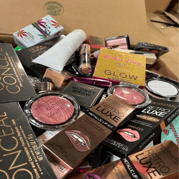 Skincare, makeup and cosmetics pallet liquidation stock featuring assorted beauty products in bulk wholesale packaging for resale.