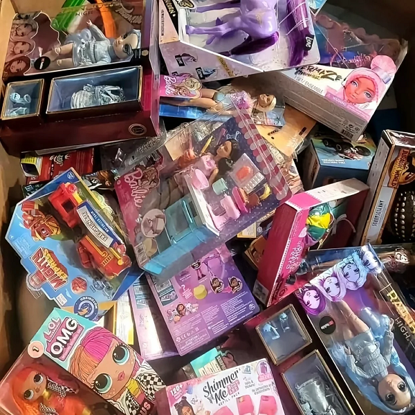 Kids toy pallets liquidation showing bulk assorted children’s toys packed for wholesale resale, colorful mixed toys in shipping pallets for discounted clearance sale.